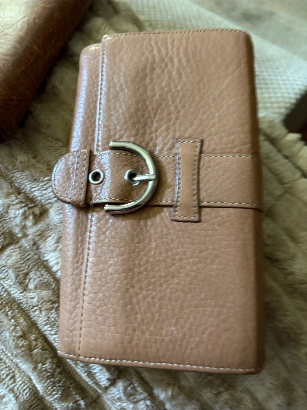 Leather Wallet Clutch in Tan with Buckle Accent